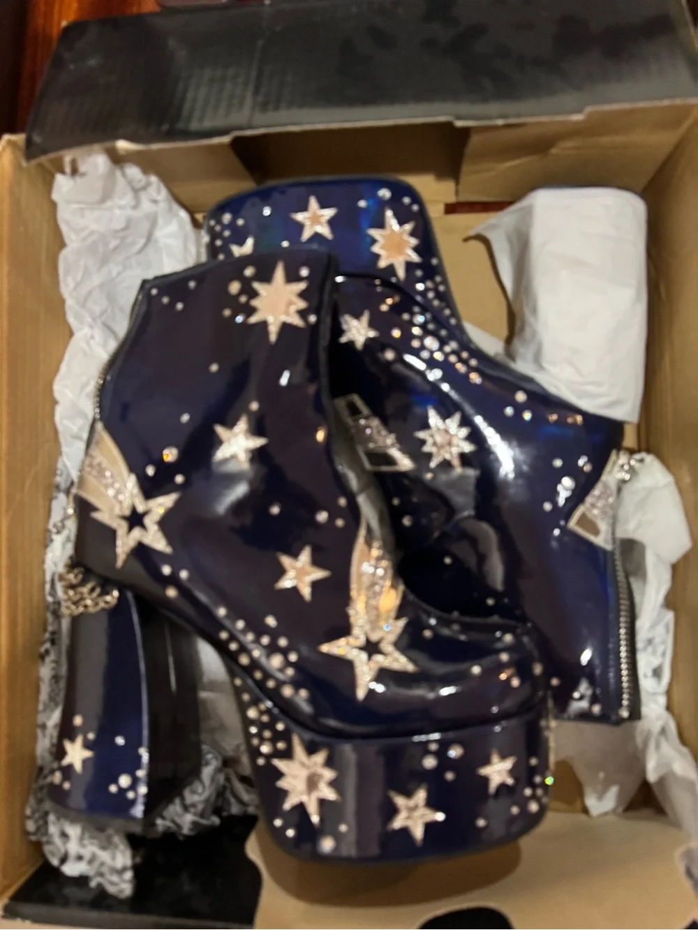 NWT Current Mood Navy Patent Platform Star-Embellished Ankle Boots